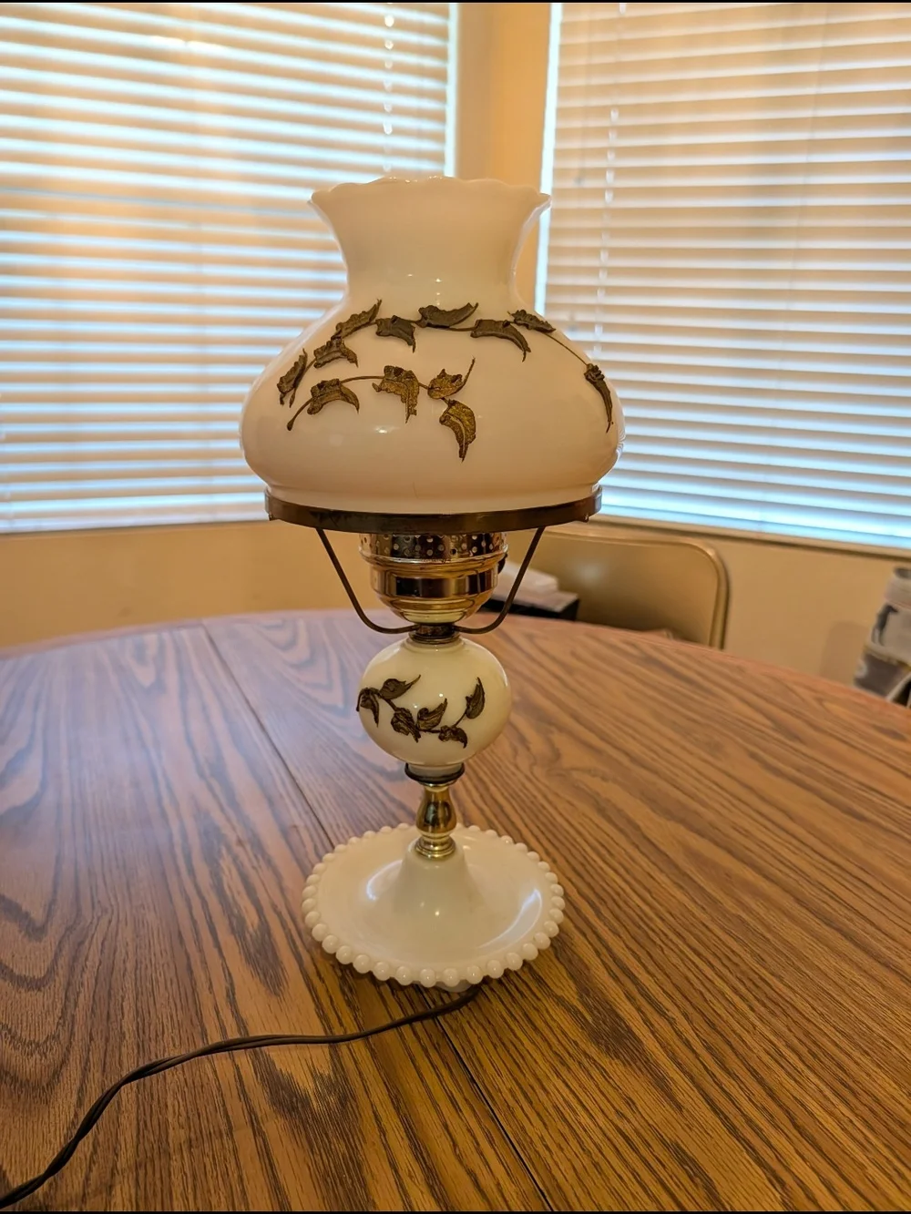 Vintage White Milk Glass Table Lamp with Gold Leaf Accents